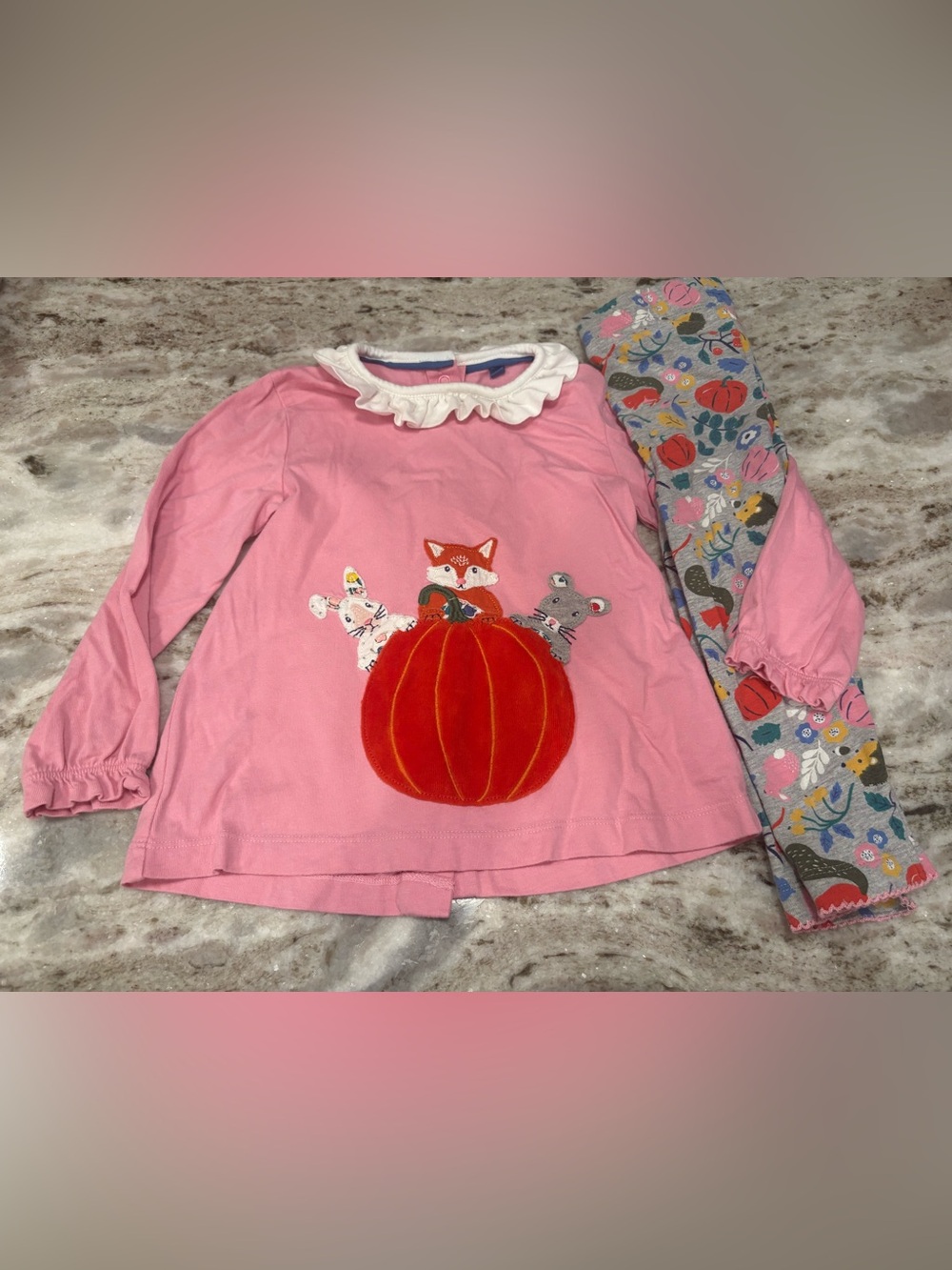 Baby Boden Play set Pink Long-Sleeve Top with Pumpkin and White Ruffle Collar